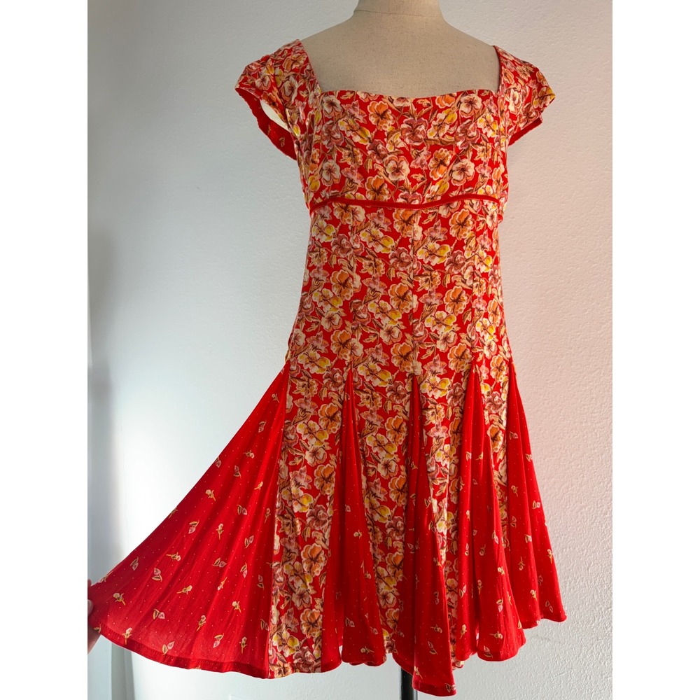 Free People Ponderosa Cut Out Mini Dress Red Boho Floral Flippy Skirt Medium